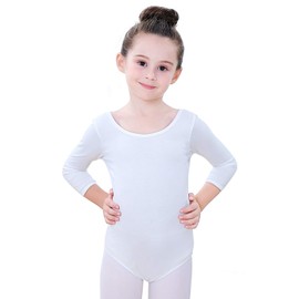 Soudittur Children's Ballet Leotard Cotton 3/4 Long Sleeve Ballet Leotard Dance Bodysuit Leotard for Girls (White, Day 120 (Height: 115-125 cm)