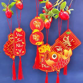 LOONELO Vietnamese New Year Hanging Ornaments, 18pcs Asian Lunar New Year Tree Pendants for 2025 Tết Việt NAM Décor, Red and Gold Lucky Prosperity Charms Hanging Decorations for Plants, Home, Office