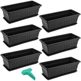 SINJEUN 6 Pack 17 Inch Rectangle Flower Window Box, Plastic Rectangular Vegetable Planters with Trays and Plant Labels, Rectangular Windowsill Planter for Porch, Balcony, Home Decor, Black