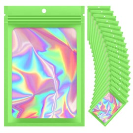 100 Pieces Resealable Mylar Bags, 4x6 Mylar Bags with Window, Small Holographic Packaging Bags for Food Storage/Jewelry/Eyelash for Small Business (Green, 4.1x5.9 Inch)