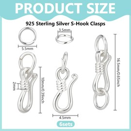 BENECREAT 6Sets 925 Sterling Silver S-Hook Clasps, 16.5mm Eye Clasp with Jump Rings for Diy Jewelry Making with Suede Fabric Polishing Cloth
