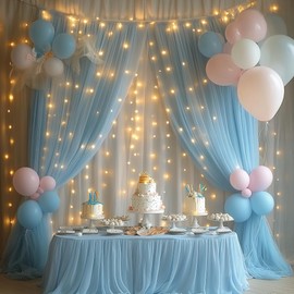 HOLLITS Tulle Backdrop Curtain with 300 LED Fairy Lights for Parites Wrinkle-Free Sheer Curtain Drapes Photo Back Drop for Wedding Baby Shower Bridal Shower Birthday Home Décor - 10ft×10ft, Baby Blue