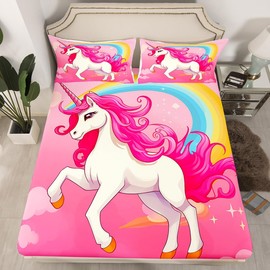 Homewish Fitted Sheet 90 x 190 cm Kids Unicorn Bright Pink Fitted Sheet Teen Girls Rainbow Boho Bed Sheet Princess Unicorn Cute Mattress Cover Colorful