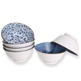 YALONG Japanese Style Deep Soup Bowls Set of 6, 6 inch Cereal Bowls Assorted Patterns, 20 oz Ceramic Pho Bowls Set Serving Soup Rice Salad Noodle Pasta Microwave & Dishwasher Safe