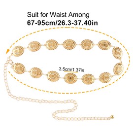 Thyonta Vintage Metal Style Engraved Daisy Belt Chain Simple and Versatile High-Grade Sequin Charm Can Be Used with Skirts and Jeans（Gold）