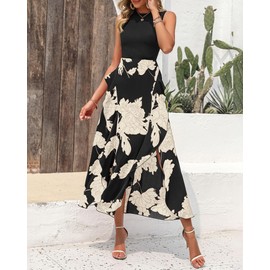 BTFBM Women Casual Sleeveless Summer Dresses 2024 Spring Crewneck Patchwork Boho Floral Ruffle Cocktail Party Midi Dress(White Floral Black, Medium)