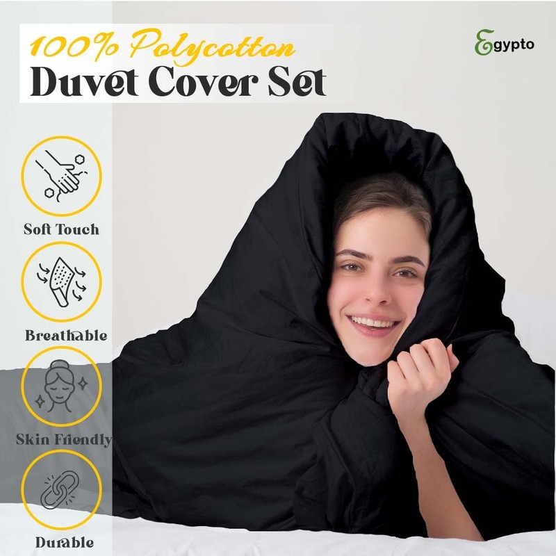 EGYPTO Polycotton Black Single Duvet Cover Set - Soft, Breathable
