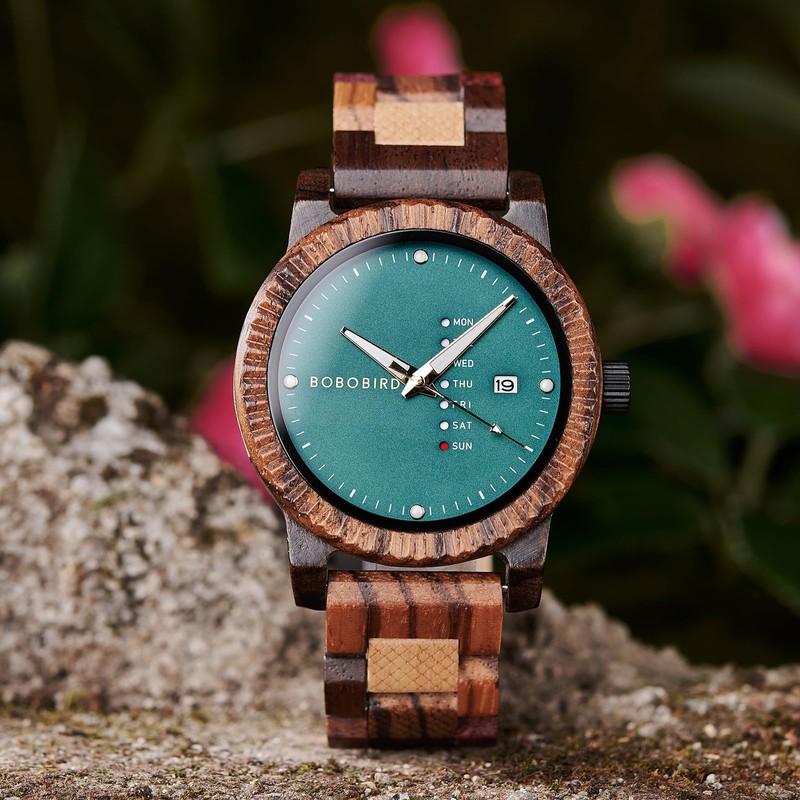 BOBO BIRD Mens Wooden Watch Analog Quartz with Week Display