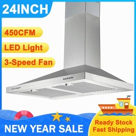 Zomagas 24in Wall Mount Range Hood 450CFM Stainless Steel Kitchen Ventilation w/LED New