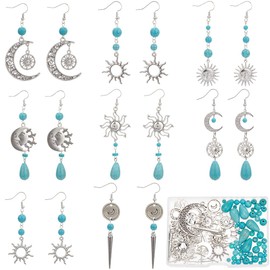 SUNNYCLUE 1 Box 10 Pair Turquoise Earring Making Kit Sun Star Moon Charms Lucky Energy Stone Bead Teardrop Round Turquoise Beads for Jewelry Making Kits Women Adults DIY Dangle Earrings Supplies