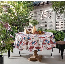 Newbridge Round Vinyl Tablecloth with Flannel Backing, 70 Inch, Patriotic Truck, Indoor Outdoor Waterproof Vinyl Table Cloth, American Celebration Red Trucks and Flags