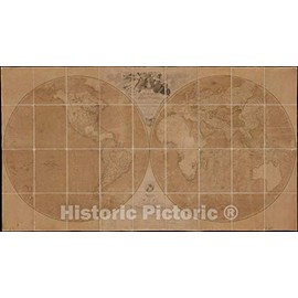 Historical Map, 1794 A map of The World on a globular Projection : exhibiting Particularly The Nautical researches of Captain James Cook, F.R.S, Vintage Wall Art : 43in x 24in