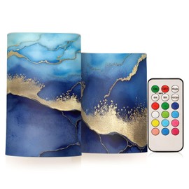 YETTASBIN Blue Marble Flameless Candles with Remote Control and Timer, Adjustable Brightness Long Lasting Battery Operated LED Pillar Candles for Indoor Outdoor Party Holiday Home Decor, 2 Pack