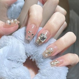 Silver French Press on Nails Long Pearl Nails Artificial Acrylic Nails Ballet Shaped False Nails Glitter Diamond Design Fake Nails 24Pcs Full Cover Glossy Reusable Coffin Nails Glue on Nails for Women