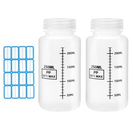 Pack of 2 Wide Mouth Plastic Bottles, 250 ml, Laboratory Bottle with Screw Cap, Scale Labels, Small Plastic Bottles for Filling, Plastic Bottles, Laboratory Bottle Laboratory Test Bottles