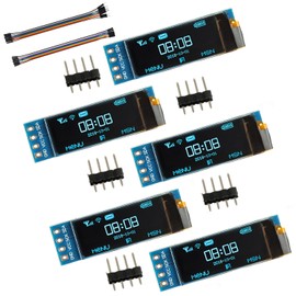 JAMHER 0.91 Inch I2C IIC OLED Display Module 128x32 Pixel Mini Self-Luminous Display Screen Board for Arduino Projects Raspberry Pi with Wire(5Pack Blue)