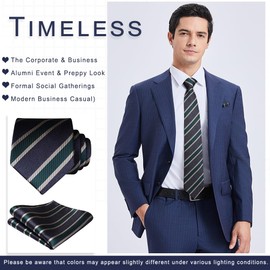 HISDERN Ties for Men Formal Striped Mens Ties and Pocket Square Set Grey & Green Necktie Handkerchief for Wedding Business Graduation School Party