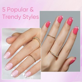 Press on Nails Short 5 Styles, Jofay Fashion 160Pcs Cat Eye Glitter French Tip Press on Nails for Women, Reusable Opaque Gel Fake Nails, Square Glue On Nails in 16 Sizes, Stick On Nails Kit