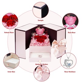 Suturun Preserved Roses Forever Flowers with Necklace Gifts for Women,Eternal Roses and Cute Moss Bear Gifts for Her Girlfriend Wife Mom on Valentines Day,Birthday,Mothers Day,Anniversaries,Christmas
