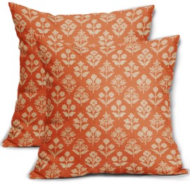 Sivirary Orange Floral Block Print Pillow Covers 18x18 Inch Set of 2, Vintage Flower Pattern Decorative Throw Pillowcases Outdoor Farmhouse Cushion Covers Fall Rustic Sofa Couch Bed Decor