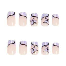 MERVF Square Press on Nails Medium Fake Nails Purple French Tip Glue ons Butterfly Acrylic Nail Glitter Squoval Manicure Supplies Art DIY 24pcs Glossy