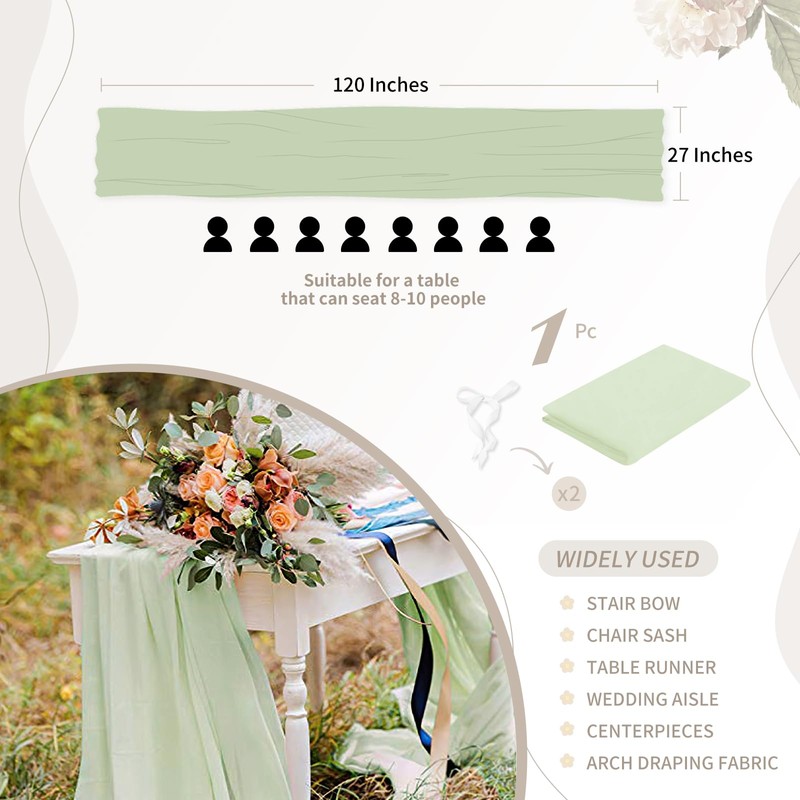 10ft Sage Green Chiffon Table Runner 1 Piece 27x120 Inches