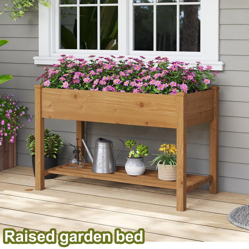 GHWIE Raised Garden Bed with Shelf,Elevated Wooden Planter Box with