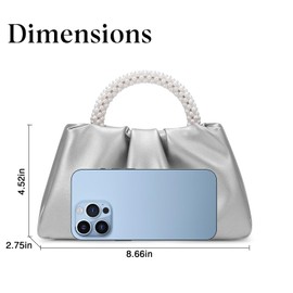 YYW Women Evening Bags Pearl Clutch Purses Soft Leather Ruched Crossbody Handbags for Wedding Bridal Party, Silver, One Size, Classic