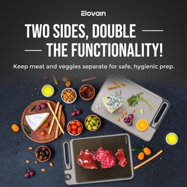 Elovain Dual-Sided Stainless Steel Cutting Board with Knife Sharpener – Multi-Use, Hygienic Prep for Daily Kitchen Use – Non-Slip, Dishwasher Safe, Includes Scraper & Finger Guard – 3-Pc Set