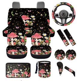 Dngkaoje Mushroom Car Accessories Full Set for Women Interior Seat Protector 13 Pcs Flower Mushroom Car Seat Covers Set for Front Rear Split Bench Cushion Pads,Trash Bin,Handbrake Shift Covers