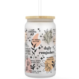 Daily Affirmation Iced Coffee Cup [Vulgar Edition | Frosted], Glass Cups with Bamboo Lids and Straws | 16 oz Mason Jar Drinking Glasses & Boba Cup | Glass Tumbler with Straw and Lid Mental Health