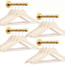 Industrial Golden Pipe Clothing Rack 10 Inch, 4 Pcs Gold Pipe Shelf Brackets, Wall Mounted Clothes Rack, Heavy Duty Vintage Metal Garment Bracket for Wardrobe Clothes Display