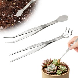 Ruatu 2 PCS Stainless Steel Garden Tweezers Set 2-in-1 Long Plant Tweezers Gardening Tools with 8.9" Curved Tine & 8.7" Straight Rake for Plants, Lawn, Bonsai, Succulents