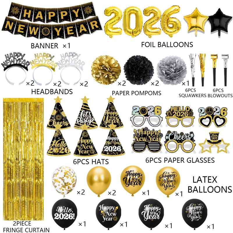 New Year Decorations 2026 - Black Gold Happy New Year