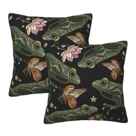 Duduho Vintage Frogs Lotus Flowers and Butterfly Throw Pillow Cover Set of 2 Decorative Square Pillowcase Throw Cushion Case for Bedroom, Living Room, Sofa, Couch and Bed, 22 x 22 Inches