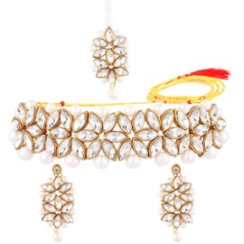 Efulgenz Conjunto de joyería india de cristal gargantilla con perlas de imitación y diseño floral Maang Tikka Bollywood para bodas y novias, Cobre, no conocido,