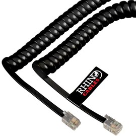 rhinocables RJ10 Coiled Black Phone Cable for Corded Handset Telephones Curly Spring Cord for Home and Office, BT Landline (10, 2m)