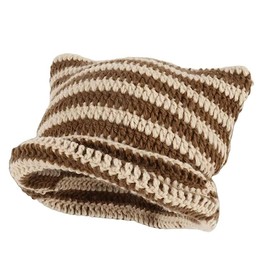 KGM Cute Trendy Punky Cat Ear Beanie Y2K Striped Knitted Crochet Beanie Hat Women`s Men`s Headwear (Brown Stripe)