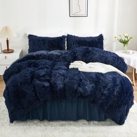annadaif Fluffy Duvet Cover Full Size, Navy Blue Plush Shaggy Faux Fur Comforter Cover Velvet Bedding Set with Zipper Closure(1 Duvet Cover, 2 Pillowcases)