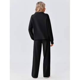 PINSPARK Lounge Sets for Women Side Slit Sweatshirt Straight Leg Sweatpants with Pockets 2 Piece Matching Set 2025 Fall Fashion Sweatsuit Activewear Tracksuit, Black Petite XL