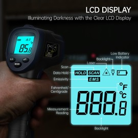 ERICKHILL Infrared Thermometer -50℃~600℃ Compact Size Non-Contact Laser Thermometer Gun LCD Backlit Digital Display Adjustable Emissivity - for Vehicle Repair/Cooking/BBQ/Freezer/Food, Black Blue