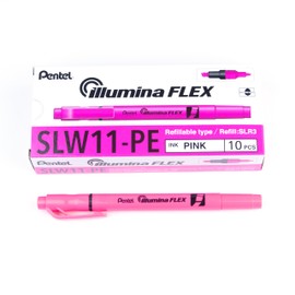Pentel Illumina Flex Liquid Highlighter, Dual Tip Chisel and Bullet, Pink Ink, Box of 10