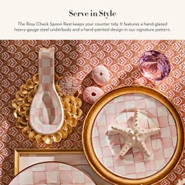 MACKENZIE-CHILDS Enamel Spoon Rest, Kitchen Spoon Holder and Utensil Rest for Stovetop, Pink-and-White Rosy Check