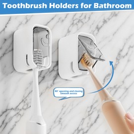 2 Pcs Toothbrush Holders for Bathroom【Upgrade Single Slot Design】 Toothbrush Holder Wall Mounted with Cover, Self-Adhesive Tooth Brush Storage Organizer for Family and Travel (2, Grey)
