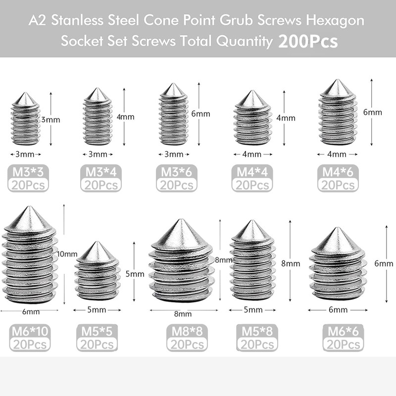 200Pcs Cone Point Grub Screw Kit M3/M4/M5/M6/M8 Stainless Steel Metric