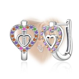 Sterling Sliver Double Heart Hoop Earrings with Colourful Cubic Zirconia for Women Cute Lightweight Trendy Hoop Earrings for Women for Sensitive Ears, Sterling Silver, Cubic Zirconia