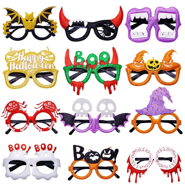 Max Fun 12Pcs Halloween Party Glasses Glitter Holiday Glasses Frames Halloween Decorations Accessories Costume Eyeglasses for Halloween Parties Holiday Favors