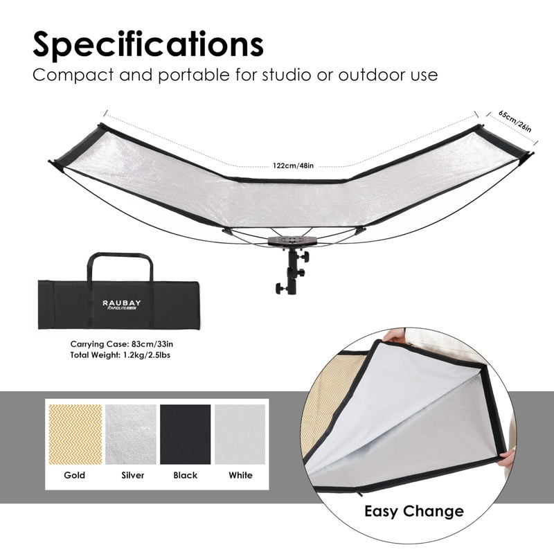 RAUBAY Quick-Open Curved Reflector, U-Shape Clamshell Light Reflector with 48in