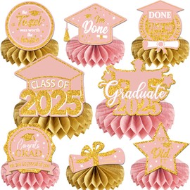 8 PCS Pink Rose Gold Graduation Party Decorations Class of 2025 Rose Gold Congrats Grad Honeycomb Centerpieces Congratulate Graduation Table Toppers for Graduation Party Supplies (Pink Gold)