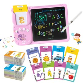 AFPYC Tableta de Escritura LCD con Tarjetas Flash Parlantes, Lectura Bilingüe en Español e Inglés, Juguetes Didacticos Pizarra Mágica a Color, para Niños de 3 4 5 6 7 Años (Rosa)